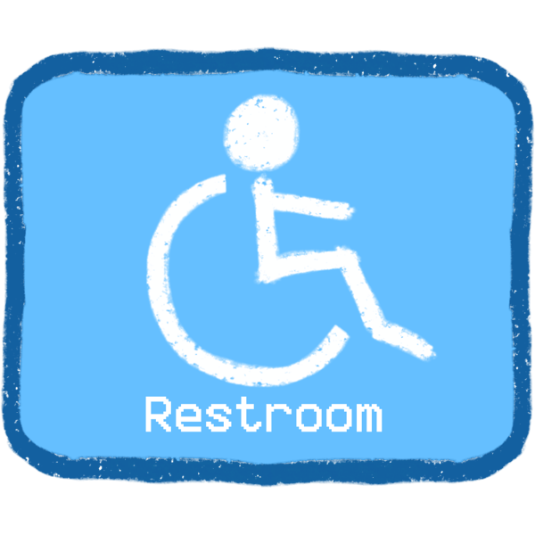 a sign for an accessible restroom. It has a blue background with a white stick figure sitting in a wheelchair and the word "Restroom" written below it.